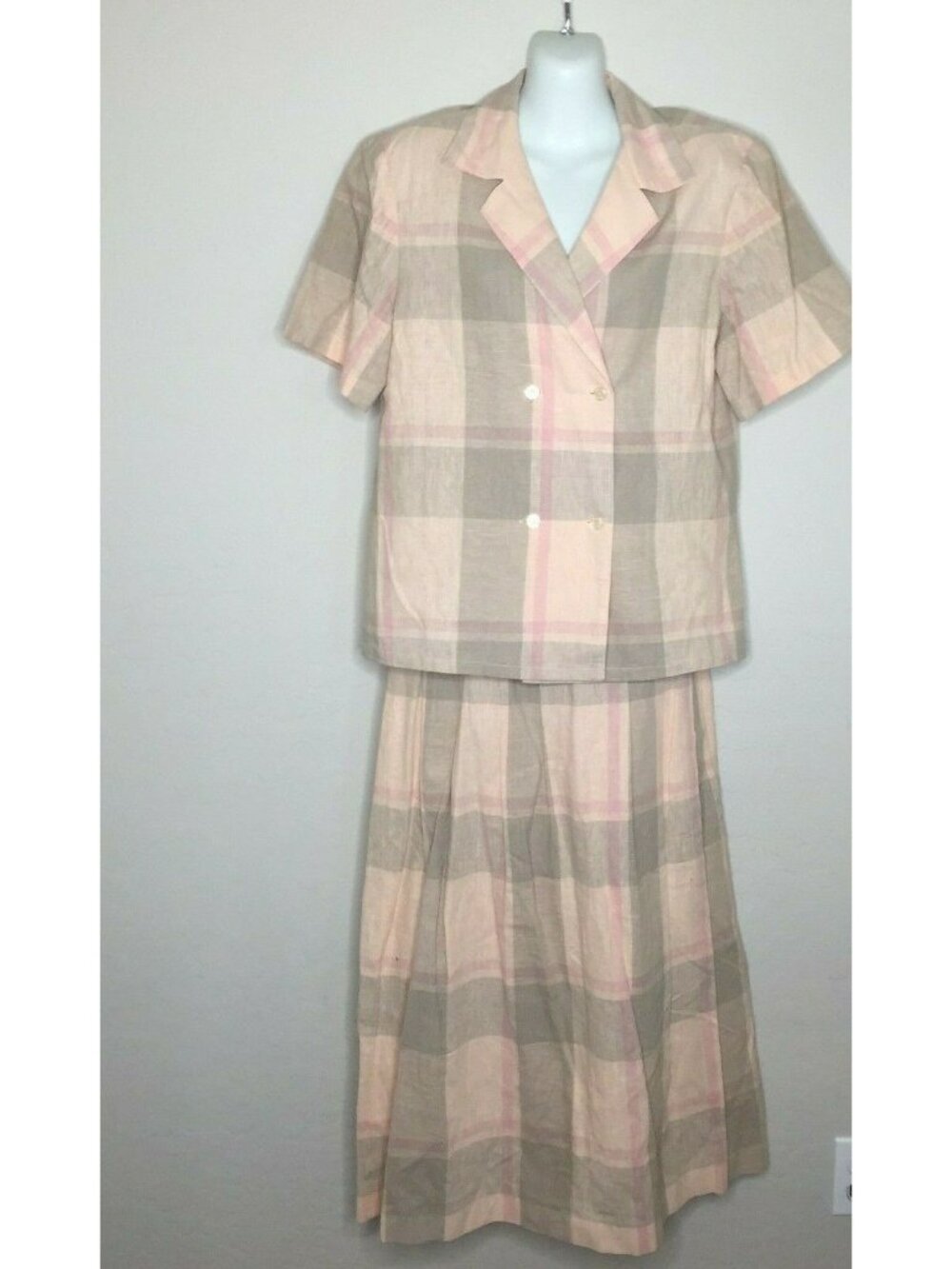 Vintage 80s Womens Michelle Stuart Skirt Suit Set Pink Brown Plaid 6/8
